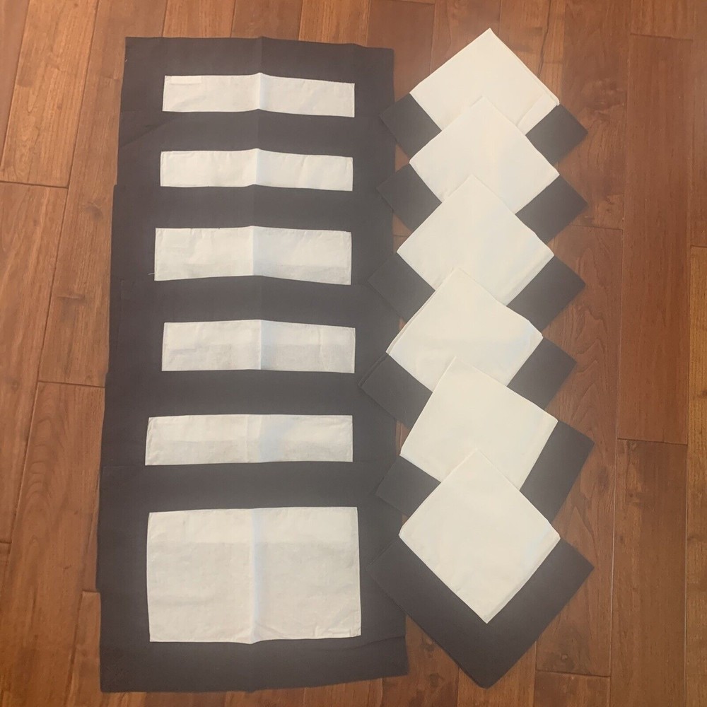 Williams-Sonoma 6 Placemats 6 Napkins Linen Classic Border Navy & White 12pc Set